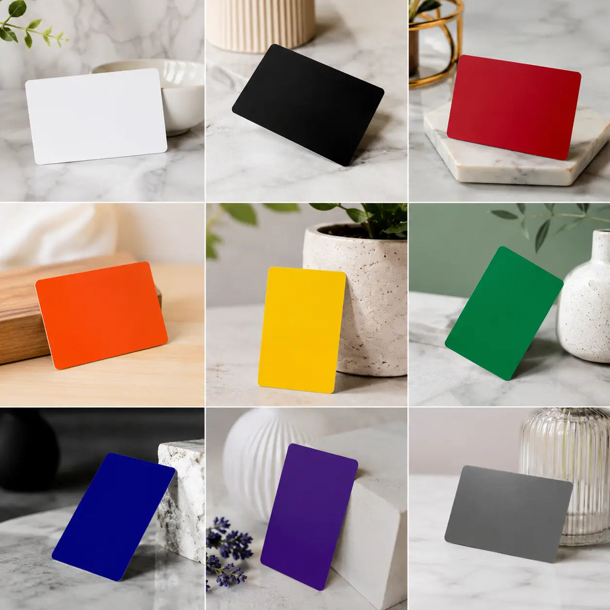 High-quality collage of colorful PVC cards displayed on premium tabletop settings with elegant backgrounds and soft studio lighting.
