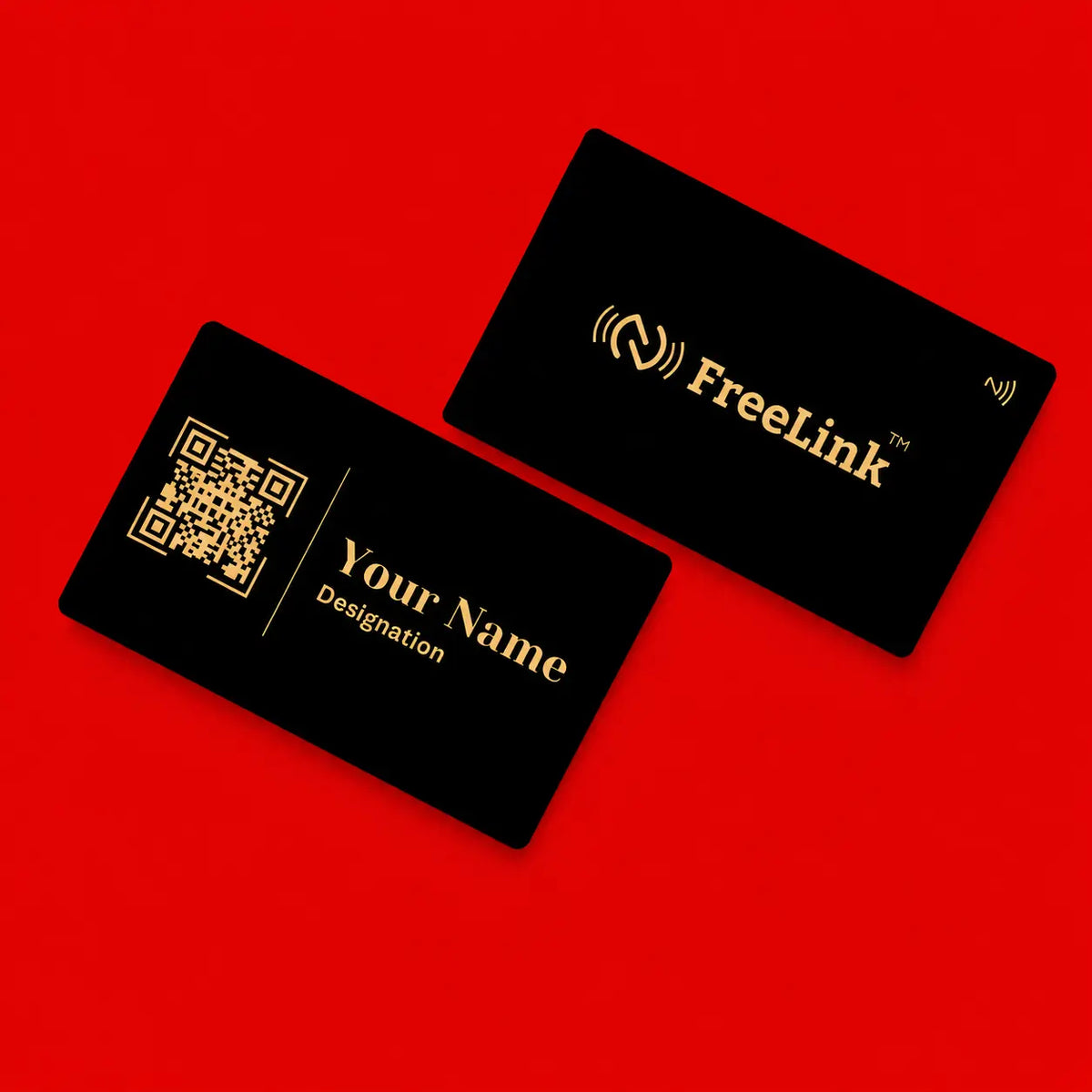 customiseable front & black of NFC business cards with FreeLink branding on a red background