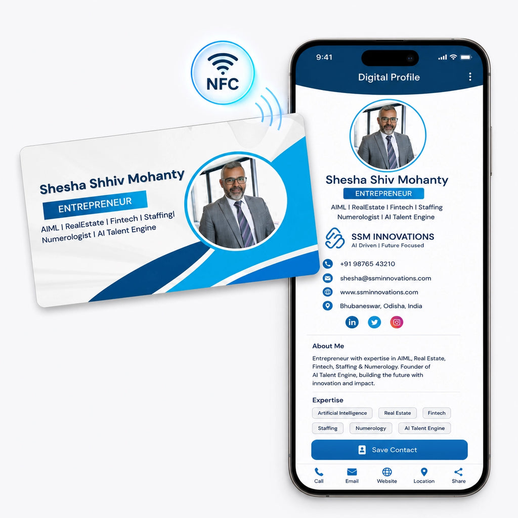 FreeLink Smart business card with NFC technology being scanned by a smartphone displaying digital profile. 