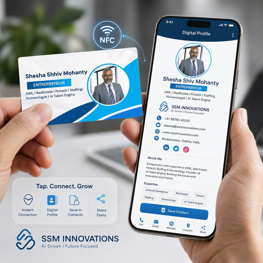 FreeLink Smart business card with NFC technology being scanned by a smartphone displaying digital profile.