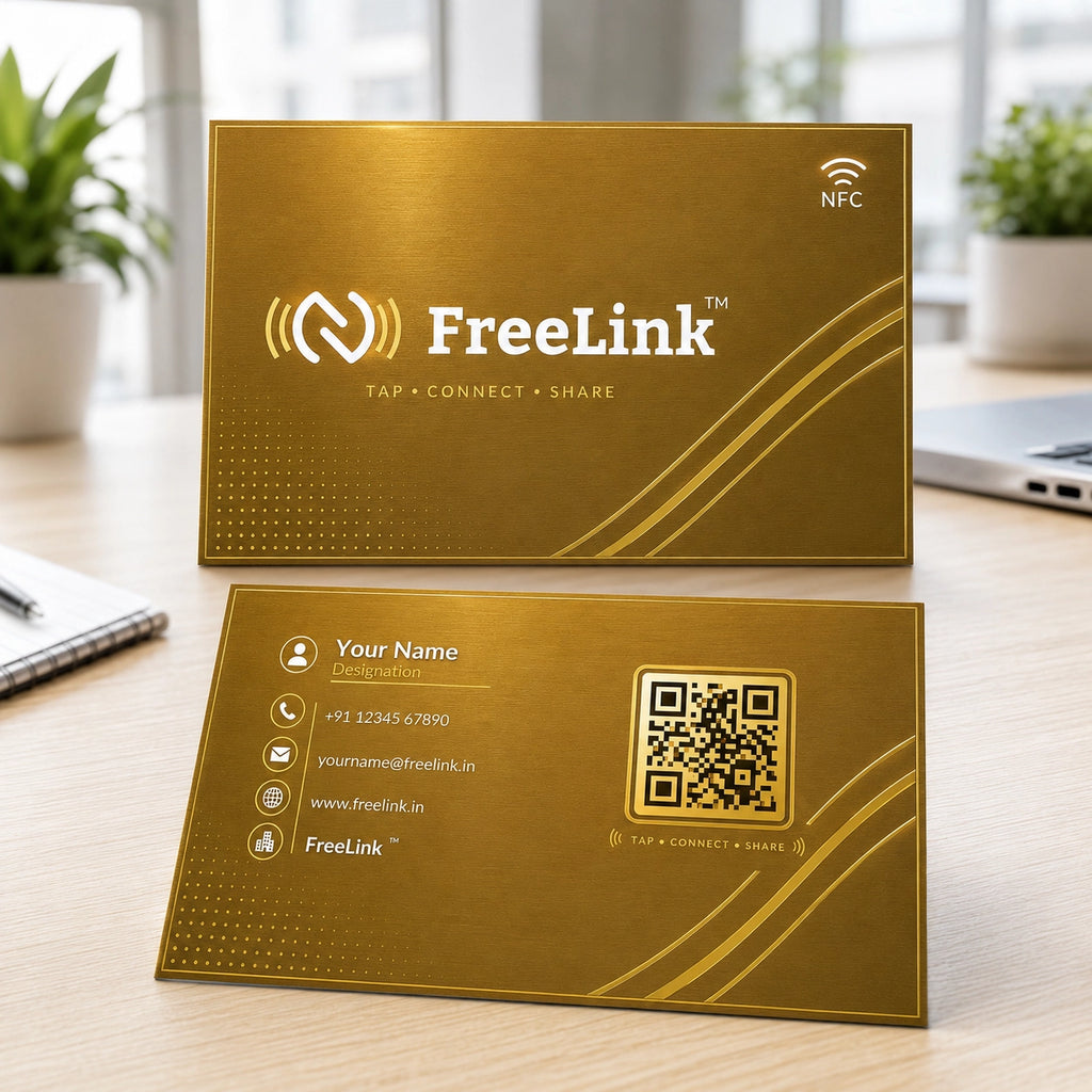 FreeLink Golden NFC Metal Business Card with UV Printing & Embossing – Lifetime Free Digital Profile