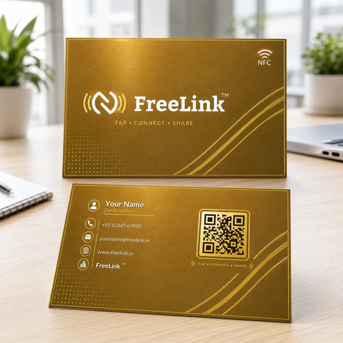FreeLink Golden NFC Metal Business Card with UV Printing & Embossing – Lifetime Free Digital Profile