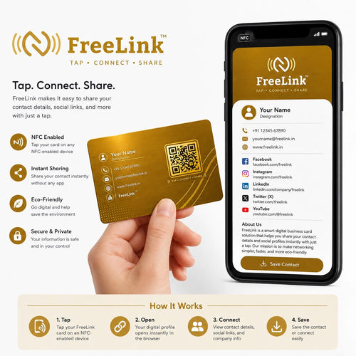 FreeLink Golden NFC Metal Business Card with UV Printing & Embossing – Lifetime Free Digital Profile