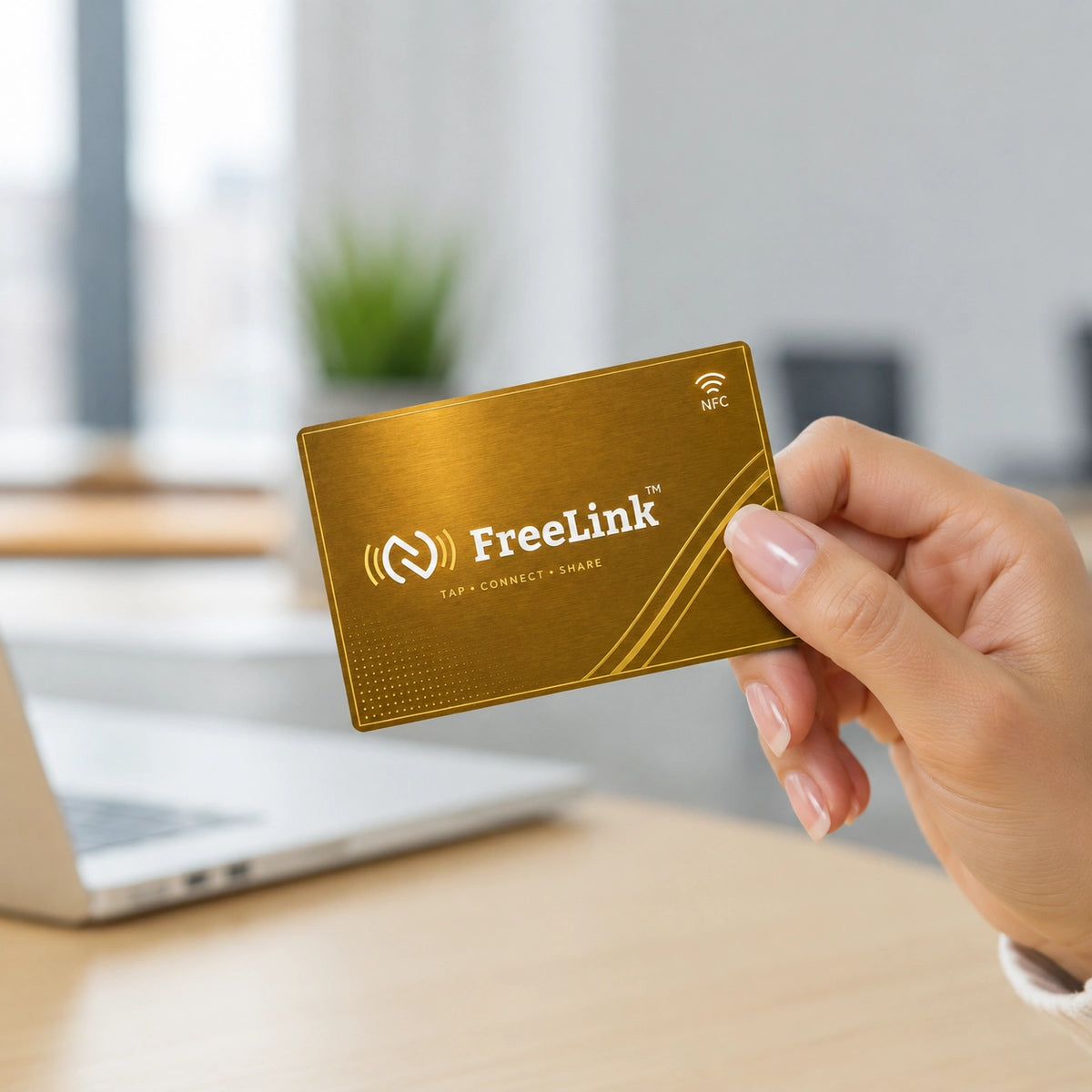 FreeLink Golden NFC Metal Business Card with UV Printing & Embossing – Lifetime Free Digital Profile