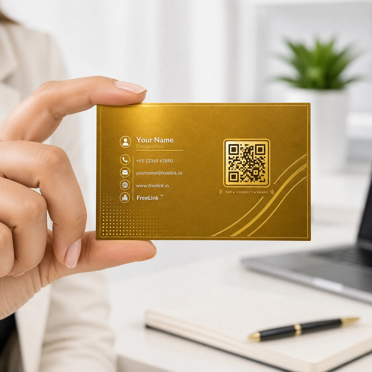 FreeLink Golden NFC Metal Business Card with UV Printing & Embossing – Lifetime Free Digital Profile