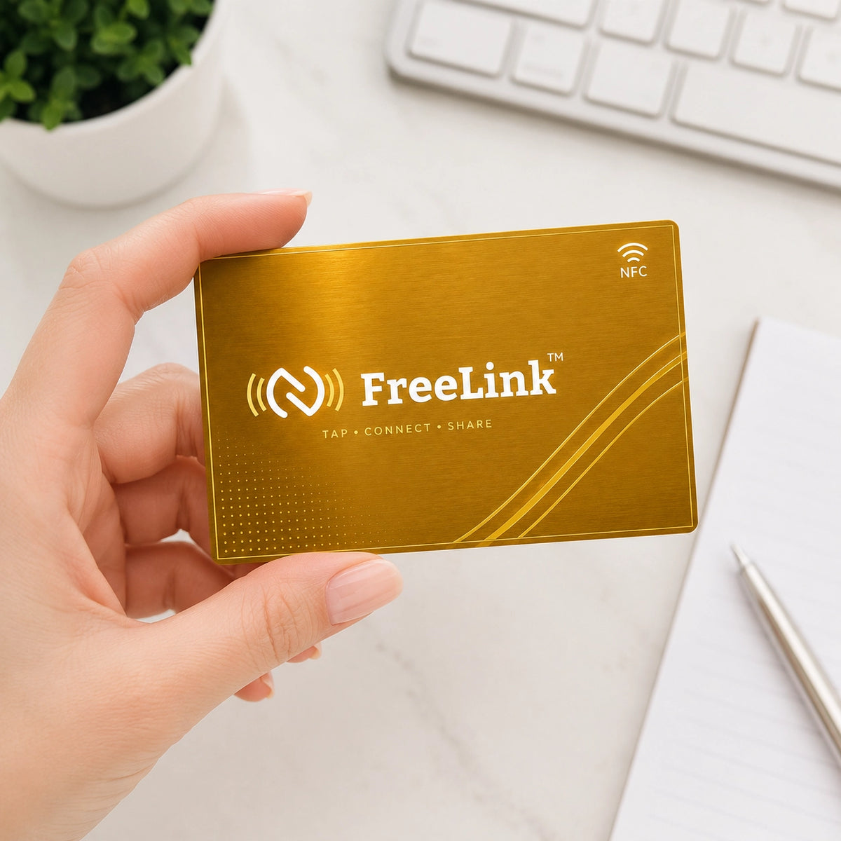 FreeLink Golden NFC Metal Business Card with UV Printing & Embossing – Lifetime Free Digital Profile