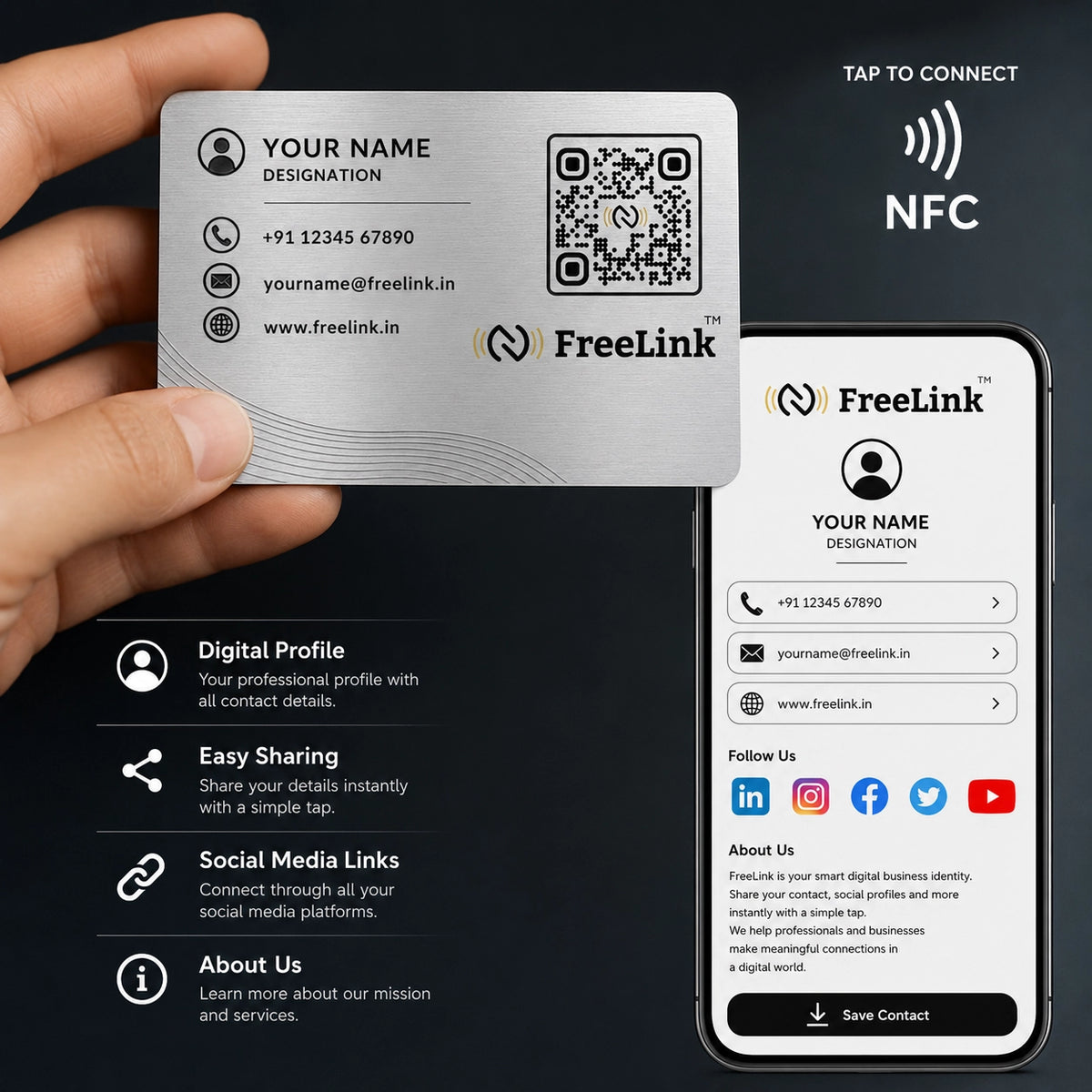 FreeLink Silver NFC Metal Business Card with UV Printing & Embossing – Lifetime Free Digital Profile
