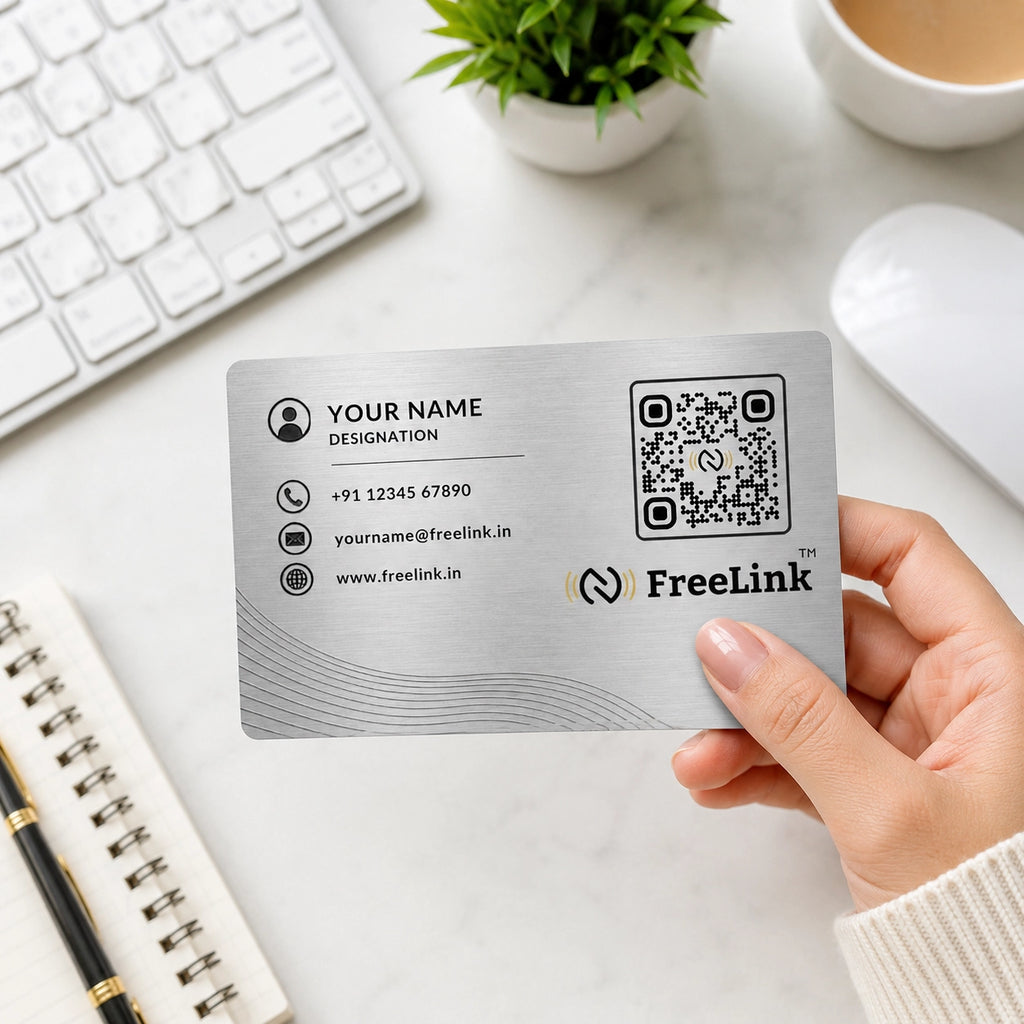 FreeLink Silver NFC Metal Business Card with UV Printing & Embossing – Lifetime Free Digital Profile