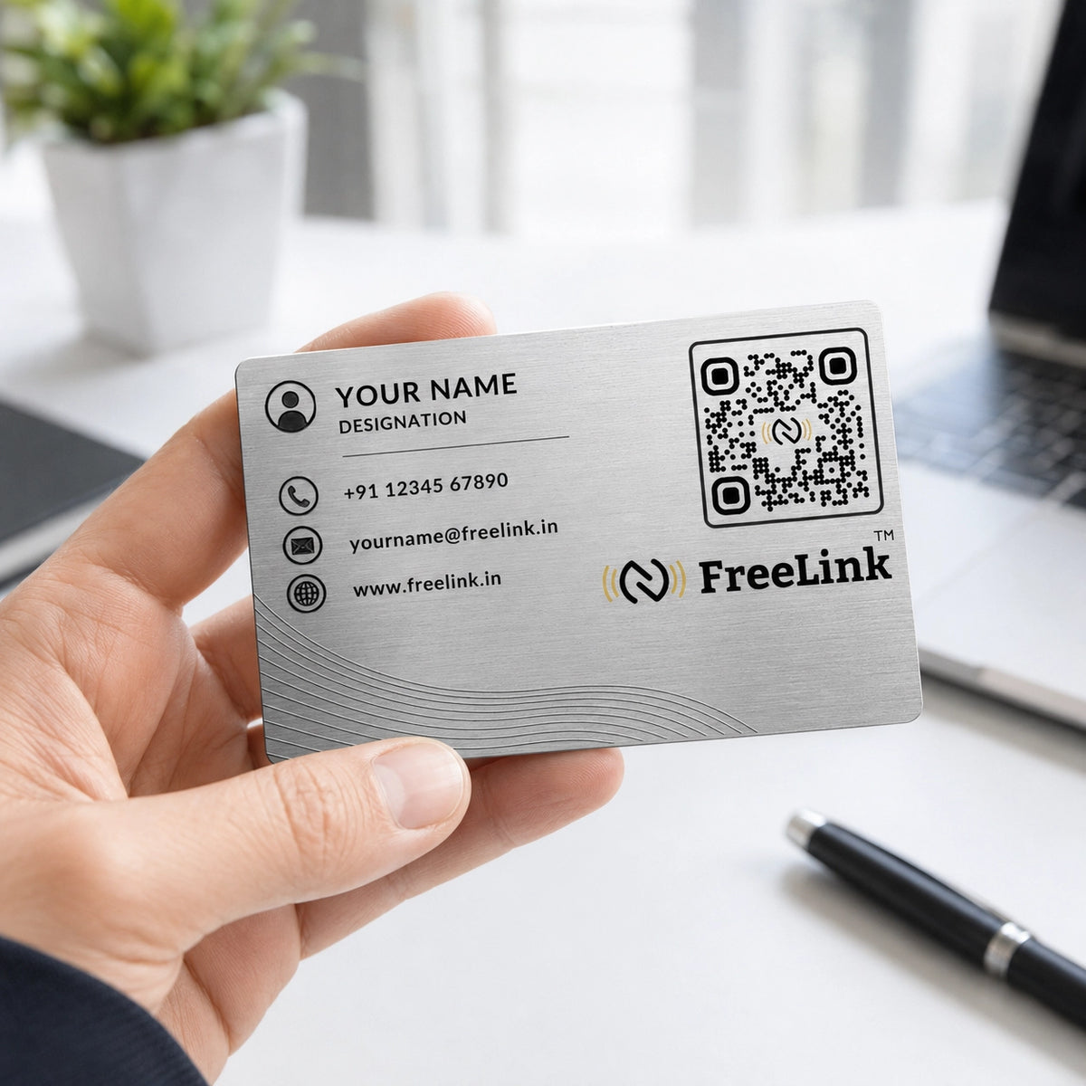 FreeLink Silver NFC Metal Business Card with UV Printing & Embossing – Lifetime Free Digital Profile