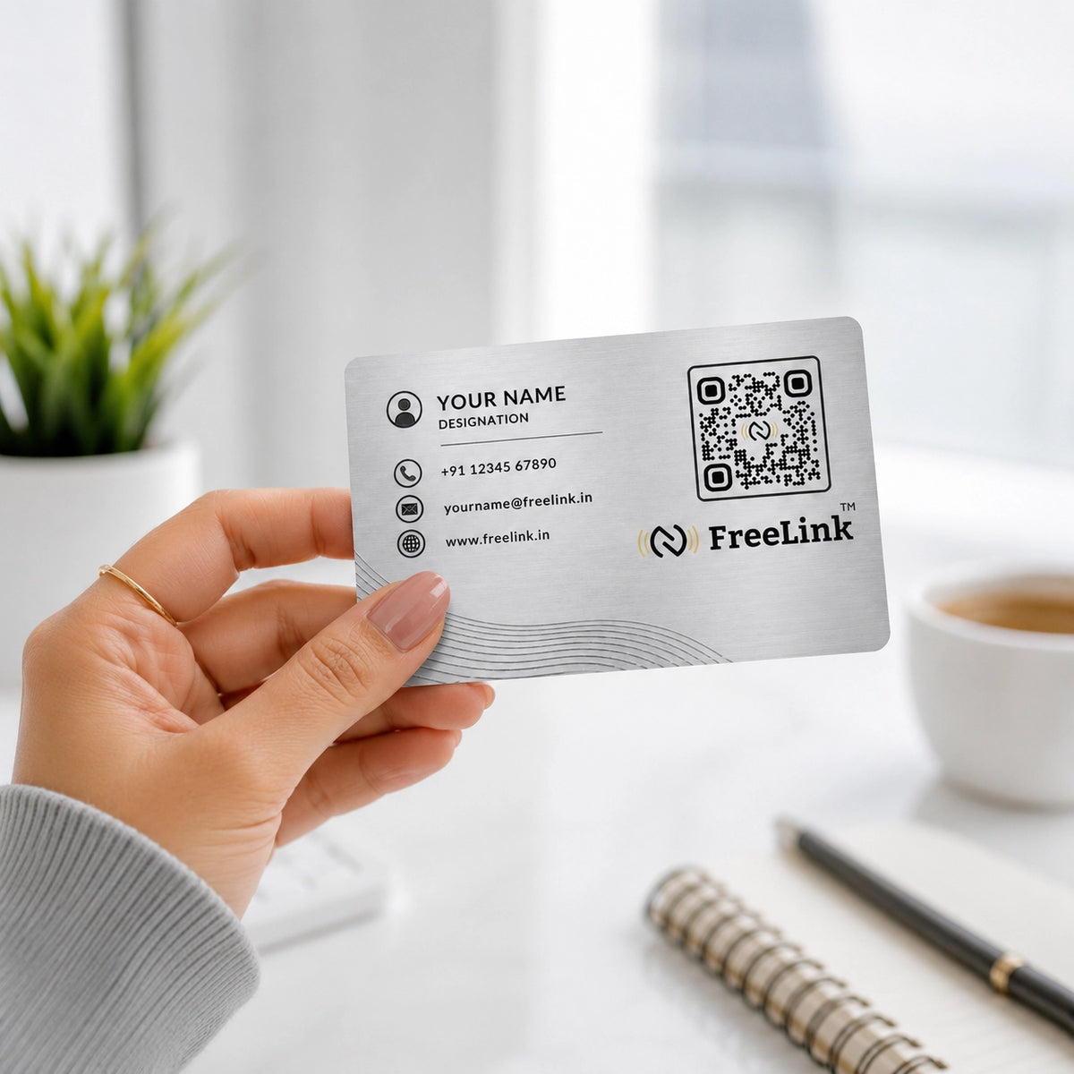 FreeLink Silver NFC Metal Business Card with UV Printing & Embossing – Lifetime Free Digital Profile