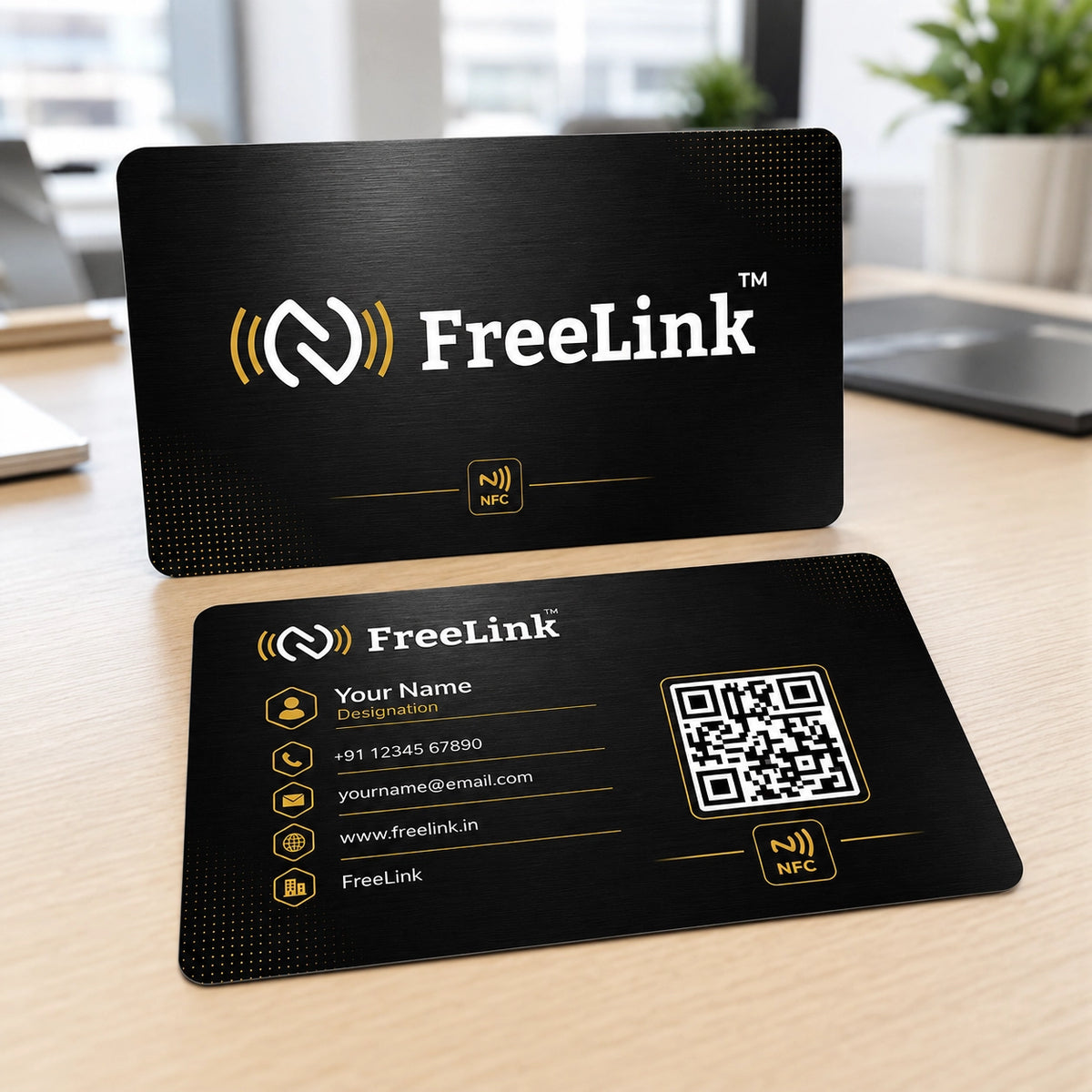 FreeLink Black NFC Metal Business Card with UV Printing-embossing & Lifetime Free Digital Profile