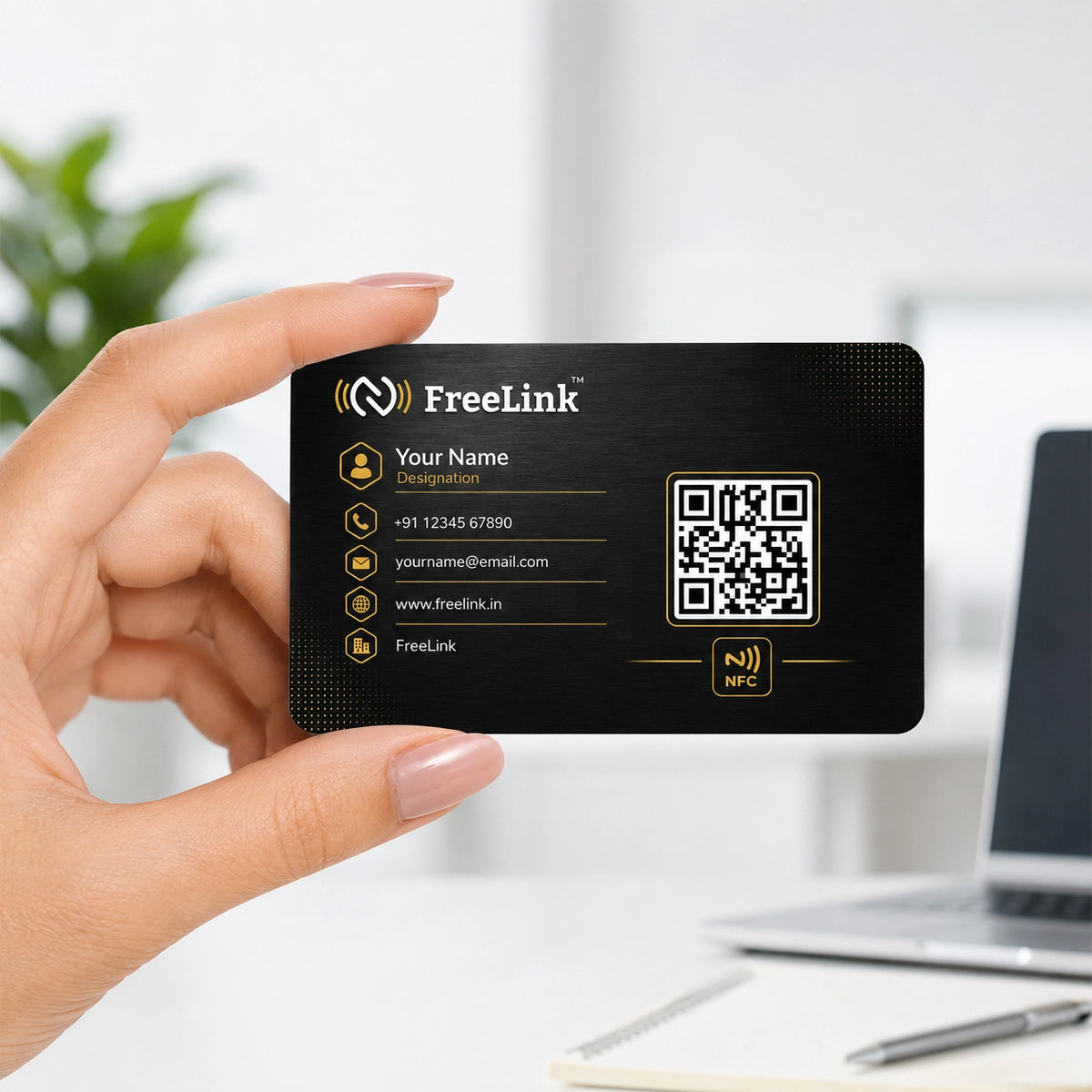 FreeLink Black NFC Metal Business Card with UV Printing-embossing & Lifetime Free Digital Profile