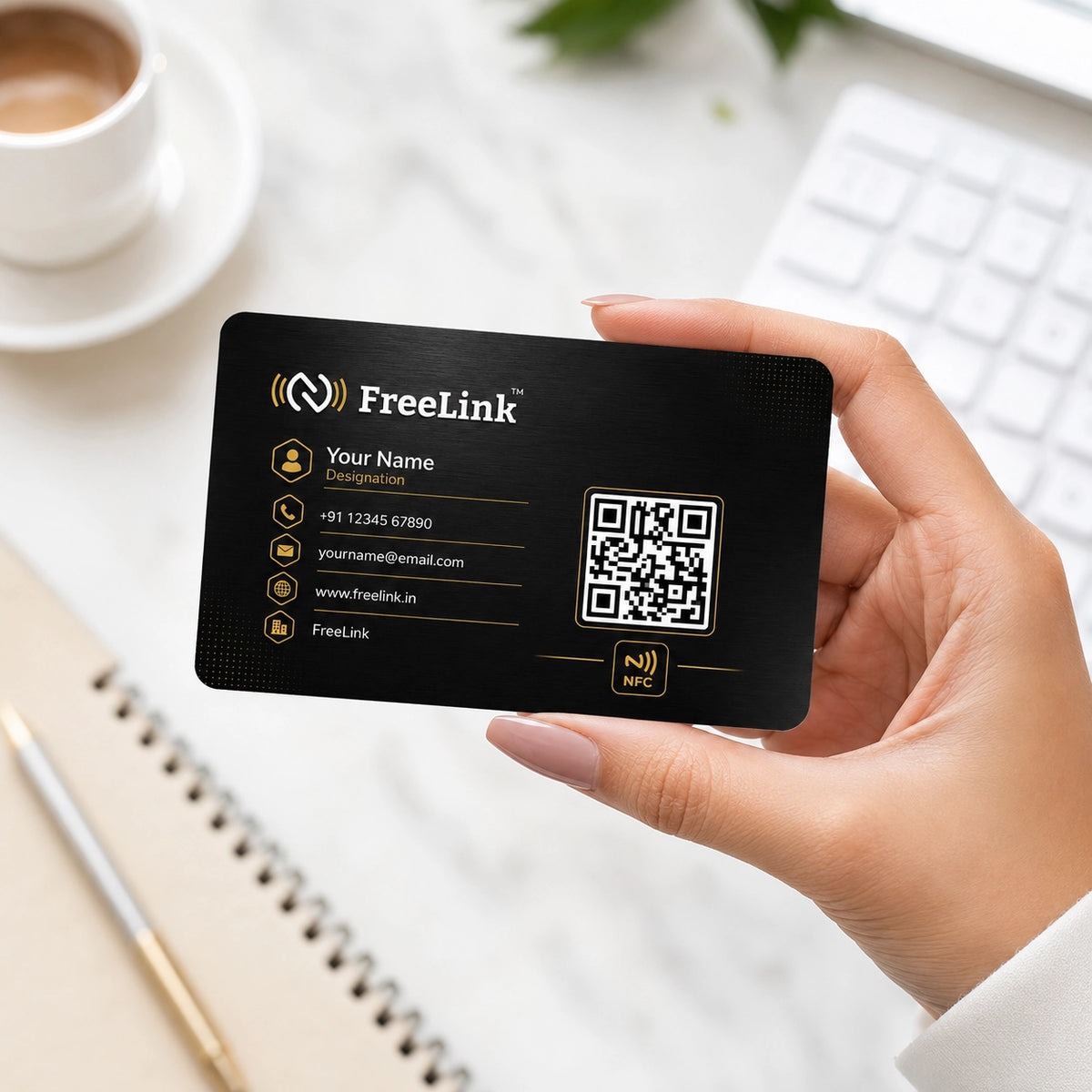 FreeLink Black NFC Metal Business Card with UV Printing-embossing & Lifetime Free Digital Profile
