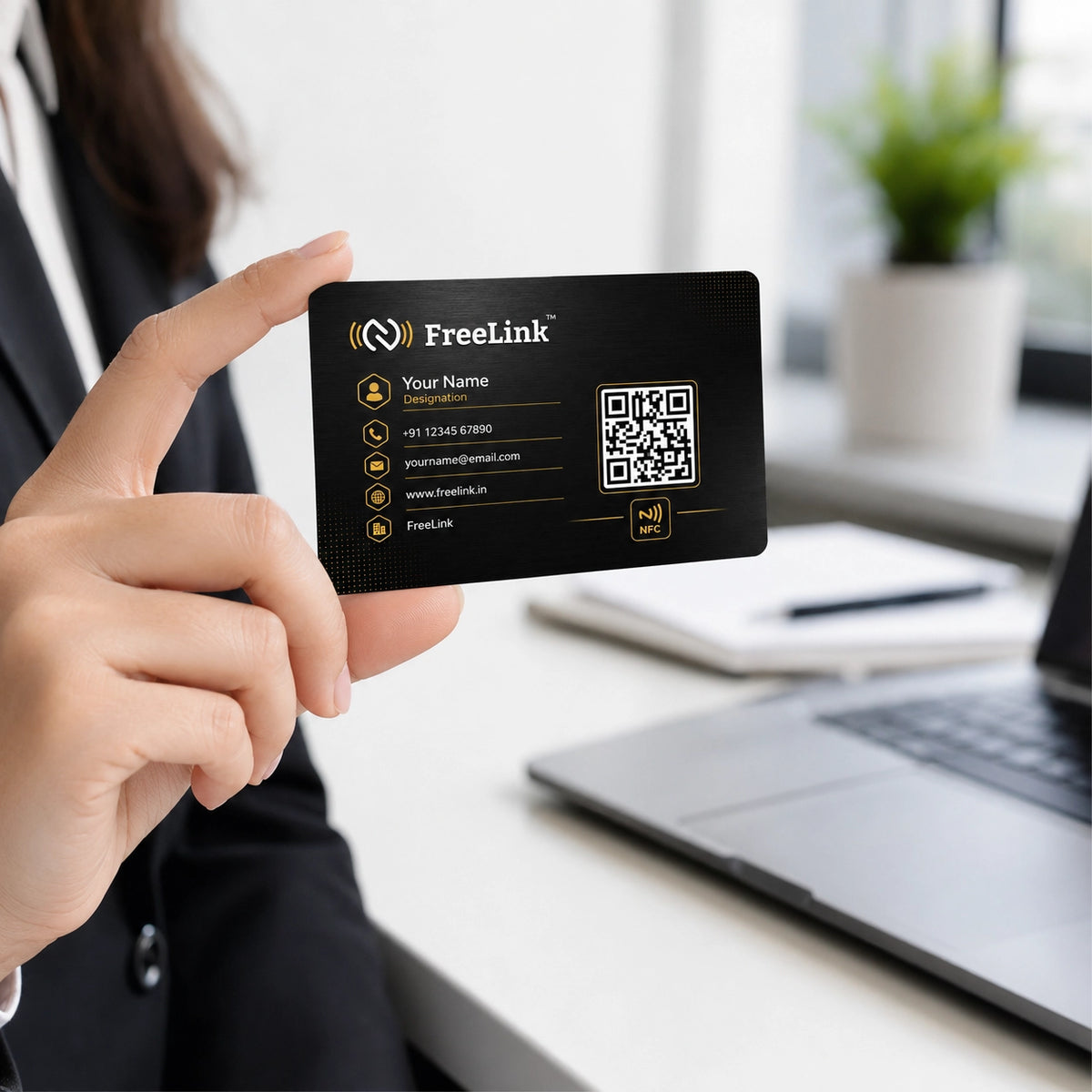 FreeLink Black NFC Metal Business Card with UV Printing-embossing & Lifetime Free Digital Profile