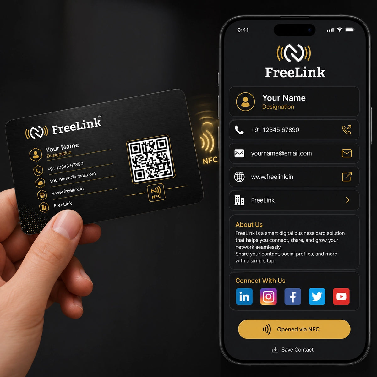 FreeLink Black NFC Metal Business Card with UV Printing-embossing & Lifetime Free Digital Profile