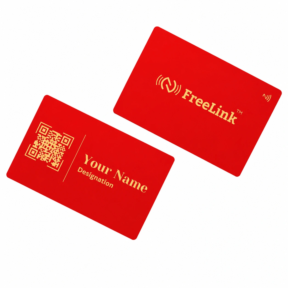 customiseable front & black of red NFC business cards with FreeLink branding on a white background.
