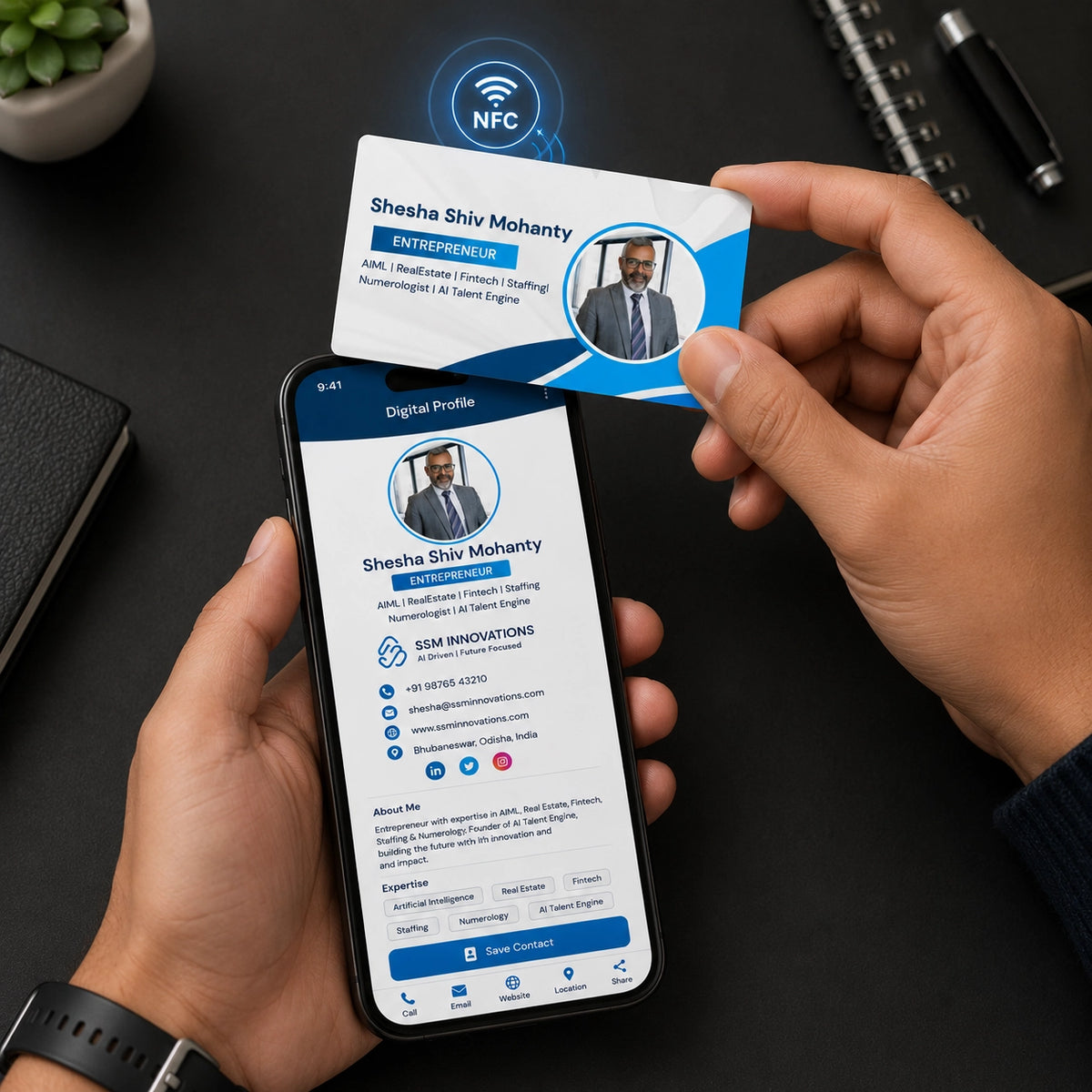 Person holding a digital profile PVC card and smartphone with NFC technology on a dark surface by FreeLink.
