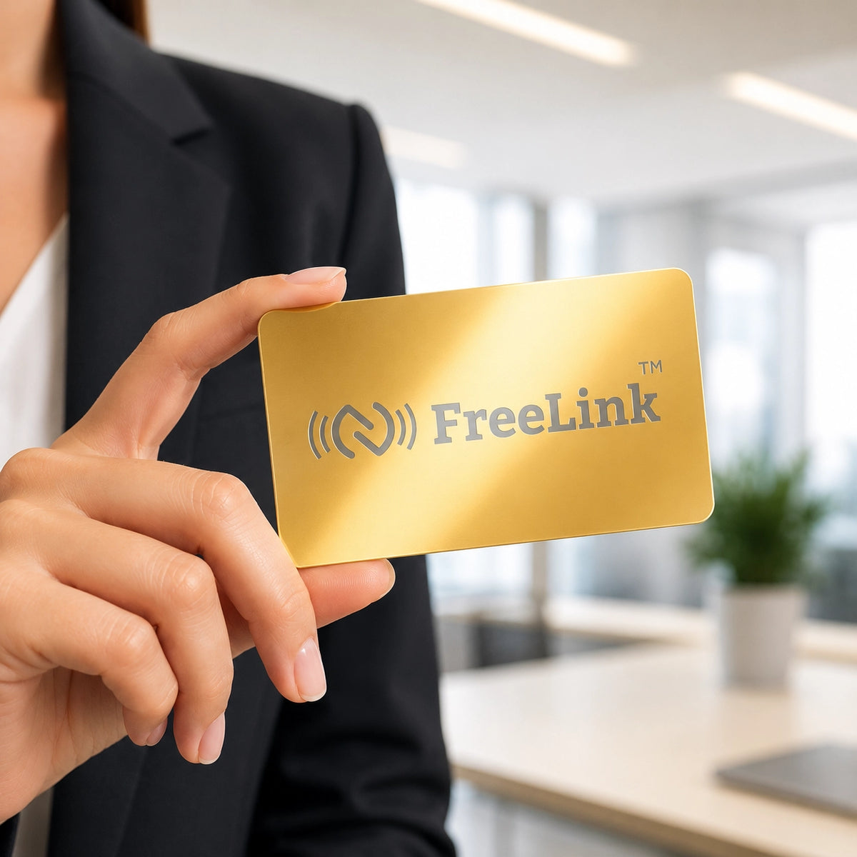 Person holding a gold NFC metal business card with 'FreeLink' branding in an office setting