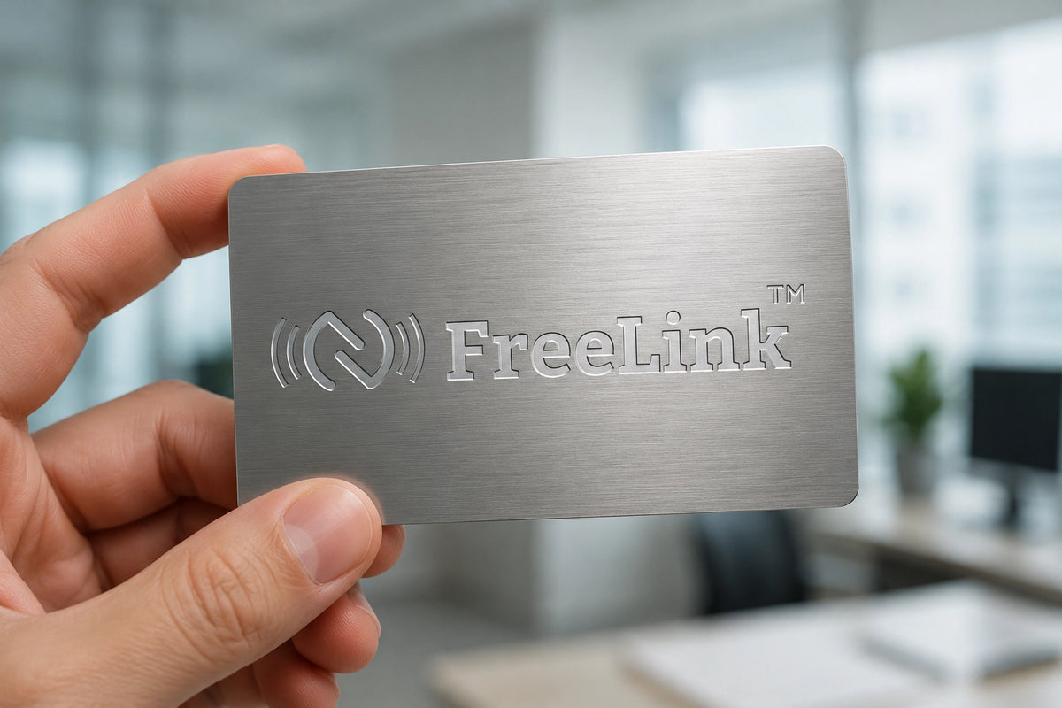 Hand holding a silver NFC Metal card card with 'Freelink' branding in an office setting