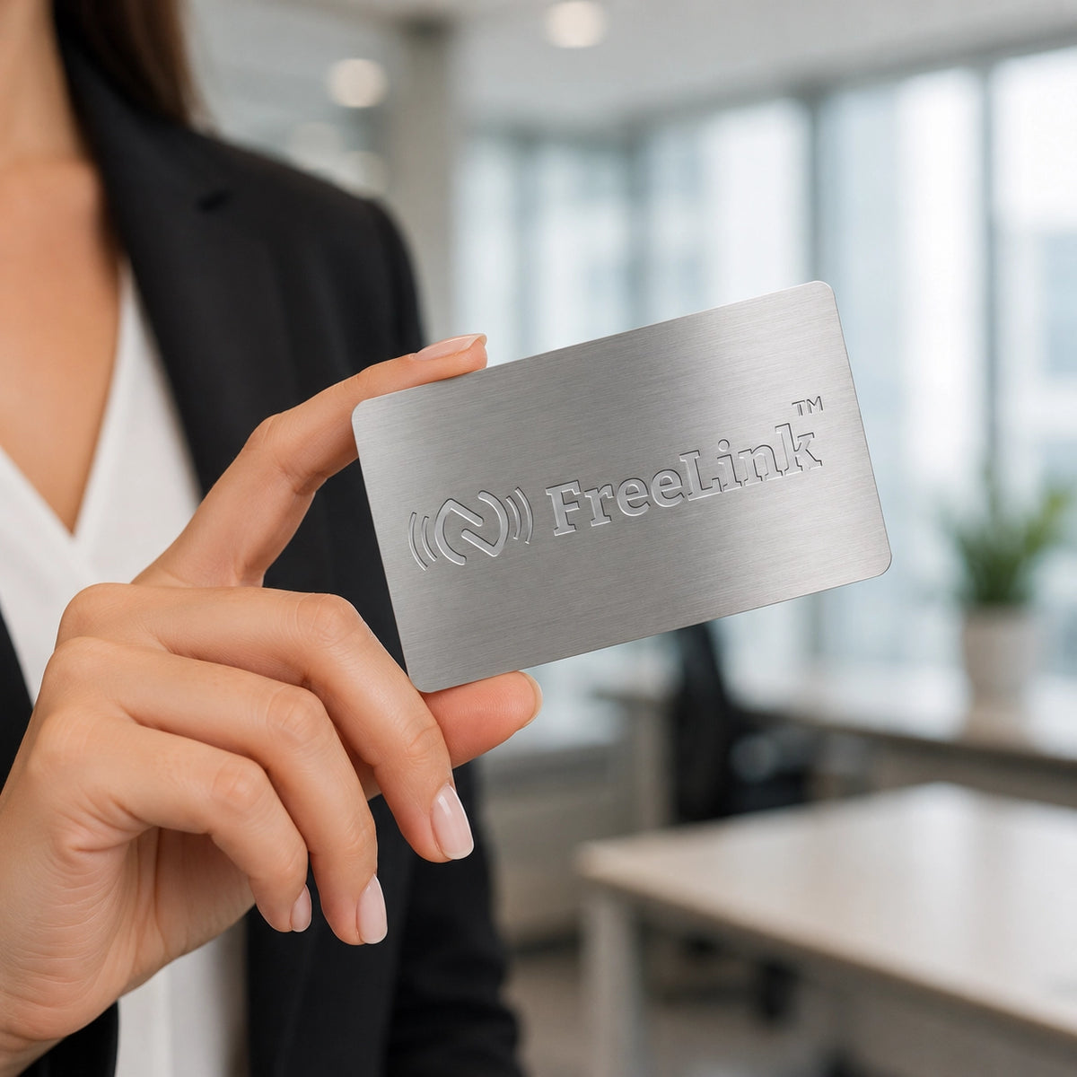 Person holding a metallic silver NFC  card with 'Freelink' branding in an office setting