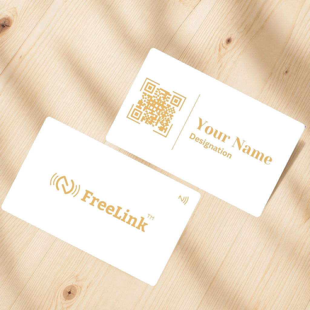 Standard smart PVC White with golden printing NFC business cards on table top