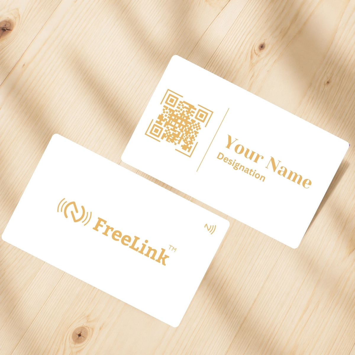 Standard smart PVC White with golden printing NFC business cards on table top