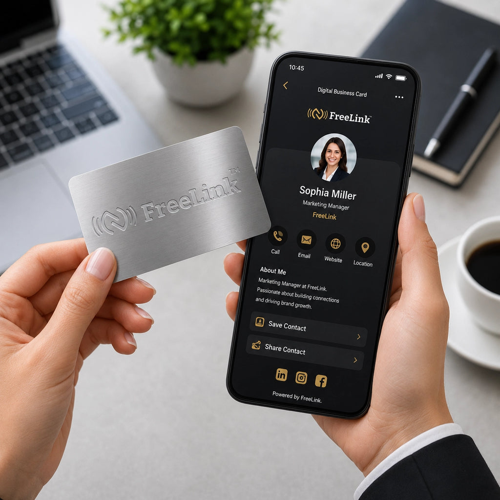 Premium Freelink Silver NFC Metal Business Card with laser-engraved FreeLink logo displayed alongside a digital profile on a smartphone, showcasing contact sharing technology in a modern office workspace. Durable stainless steel NFC card for digital networking and smart business connections.